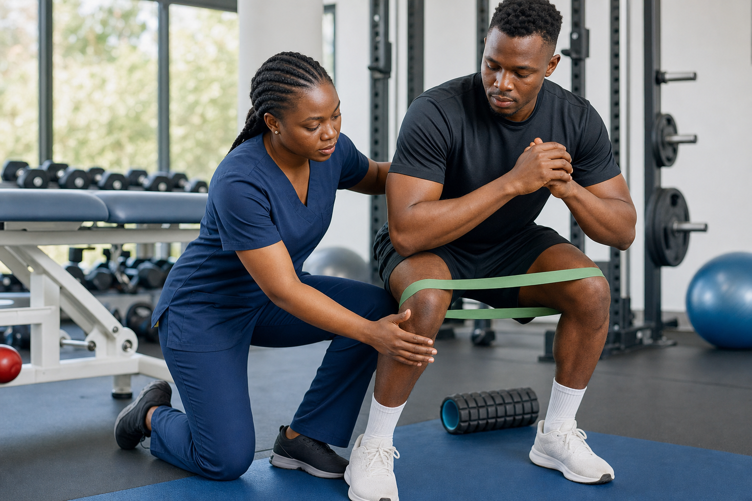 Nigerian athlete receiving rehabilitation movement coaching